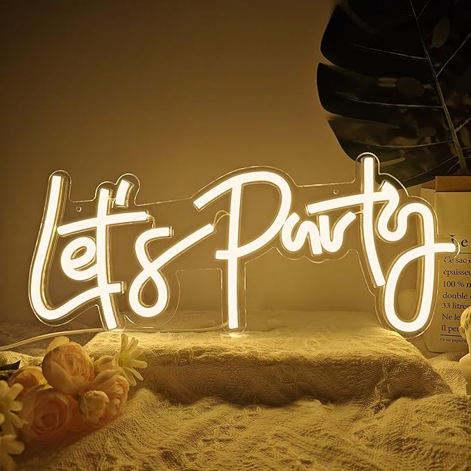 Ajoyferris Let's Party Neon Signs Dimmable Neon Light Sign for Wall Decor 16''x 7'' Word LED Neon Sign Art Decorative Lights for Bachelorette Engagement Party Birthday Wedding Party Warm White