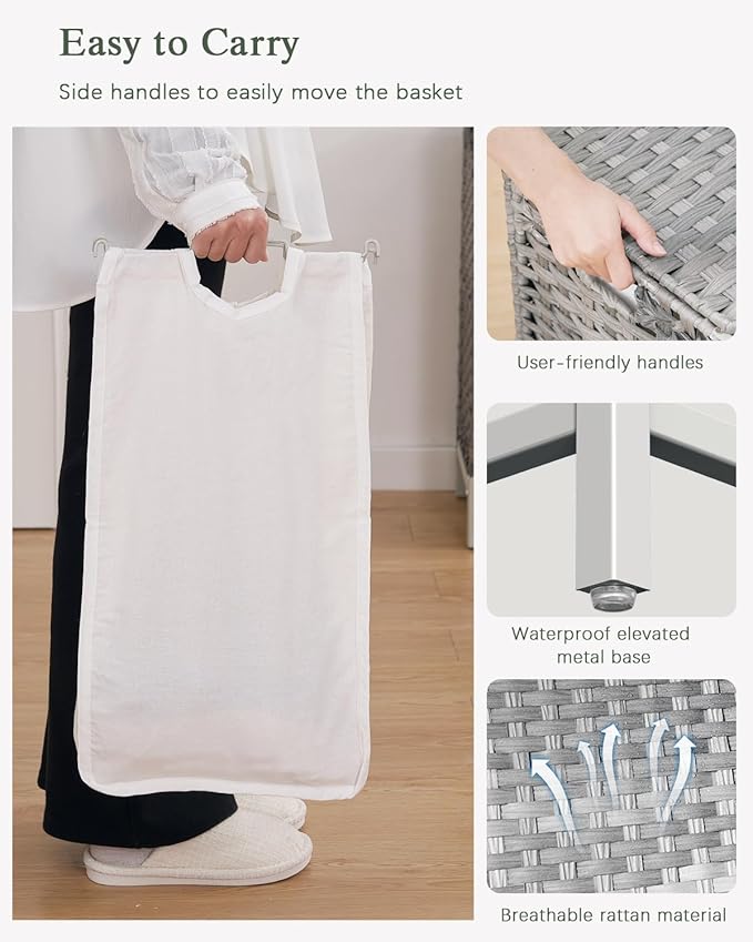 Laundry Hamper with Lid, 112 L Handwoven Rattan Wicker Laundry Basket, 2 Removable Liner Bags Metal Heightened Feet, 6 Mesh Bags, 2 Section Large Clothes Hamper for Bathroom Bedroom, Gray