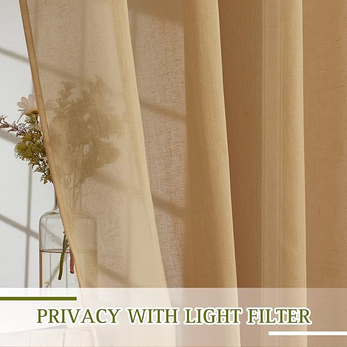 NICETOWN 45 inch Curtains Linen Sheer Textured, Grommet Semi Sheer Linen Curtains & Drapes Privacy with Light Filtering for Nursery/Kitchen, Desert Yellow, W52 x L45, 2 Panels