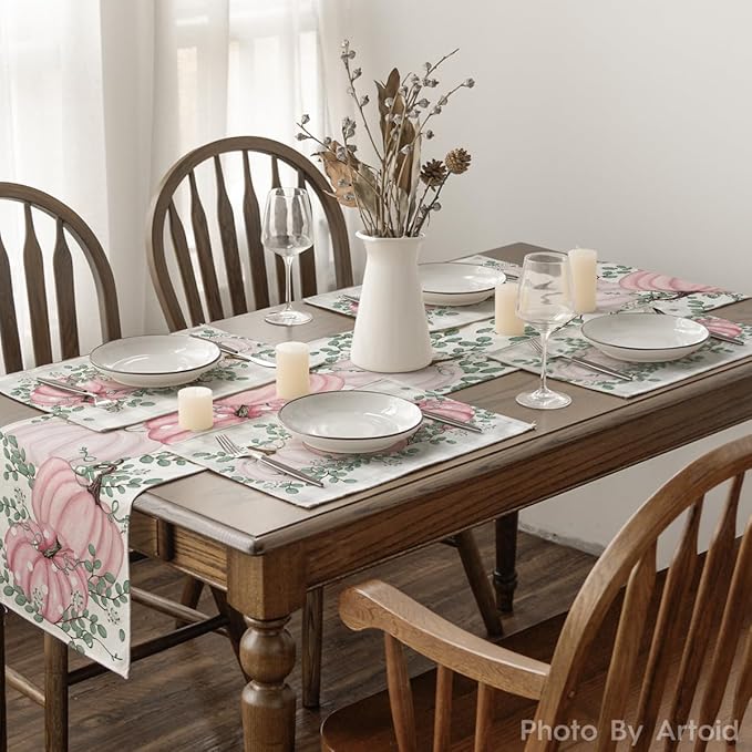 Artoid Mode Buffalo Plaid Pink Pumpkins Eucalyptus Fall Placemats Set of 4, 12x18 Inch Autumn Thanksgiving Table Mats for Party Kitchen Dining Decoration