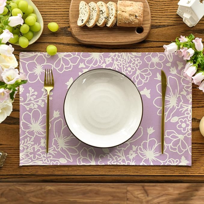 Artoid Mode Purple Flowers Floral Butterflies Spring Placemats Set of 4, 12x18 Inch Seasonal Table Mats Party Kitchen Dining Decoration