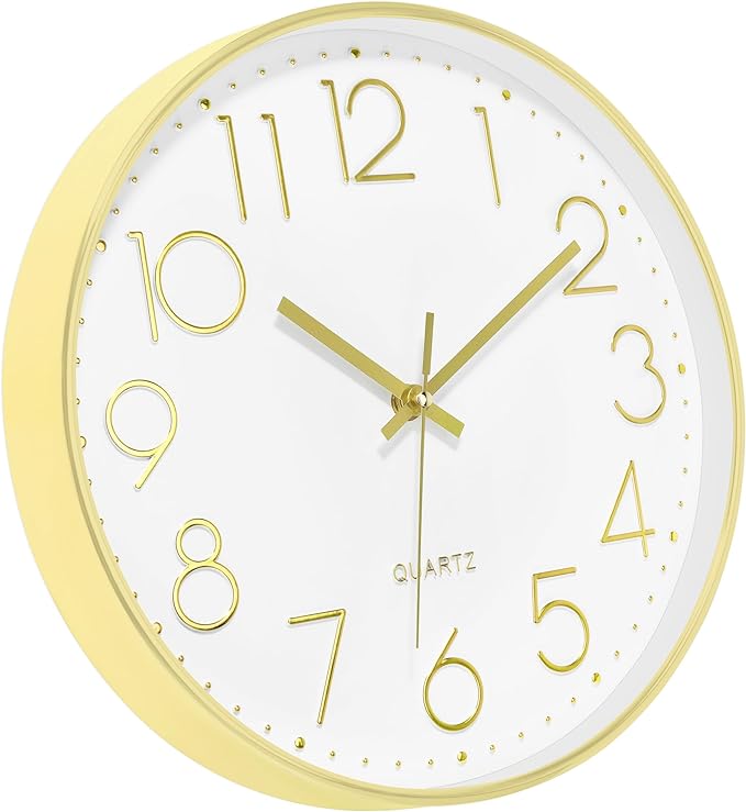Foxtop 14 Inch Large Silent Non-Ticking Gold Wall Clock Battery Operated Round Quartz Modern Wall Clock Decorative for Living Room Bedroom Kitchen Home Office