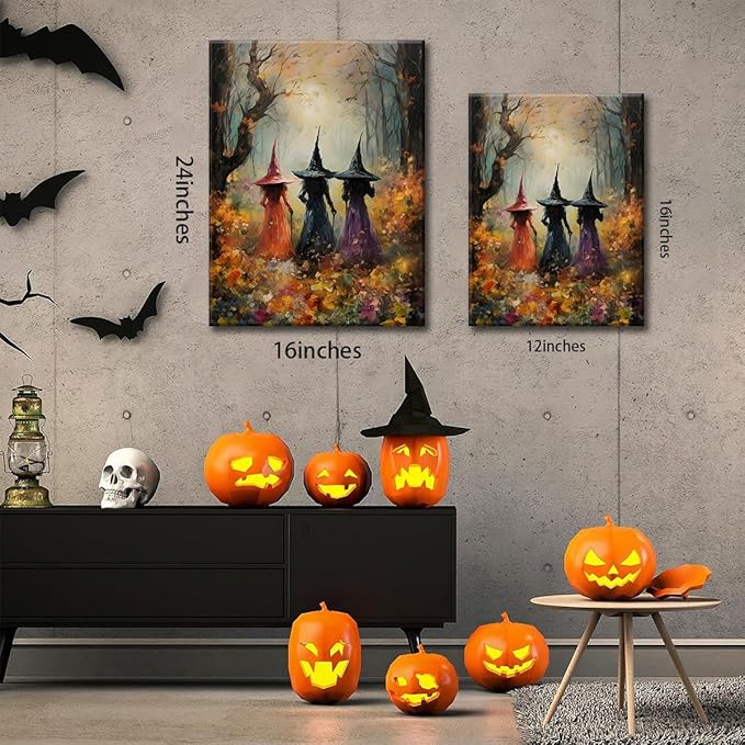 ILLBDR Halloween Vintage Witchy Wall Art Prints Creepy Gothic Dark Moody Pictures Decor Dark Academia Witches Victorian Painting Canvas Posters for Bedroom Bathroom 16x24 inch Framed