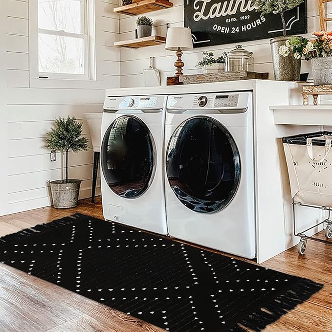 LIVEBOX Boho Kitchen Rug 2' x 4.3' Washable Bathroom Runner with Tassel, Moroccan Black Area Rugs Small Woven Cotton Throw Rug for Entryway Laundry Room Hallway