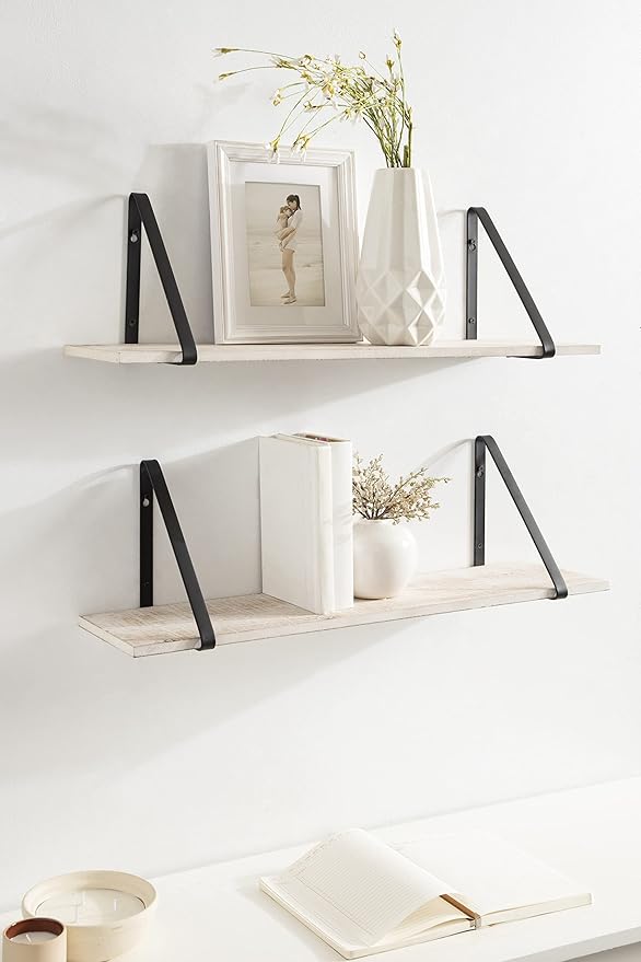 Kate and Laurel Soloman White Wooden Shelves with Black Metal Brackets, 2 Piece Set