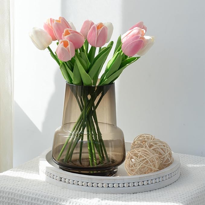 Amber Glass Vase Bud Flower Vase with Modern Design, Brown Wide Mouth Decorative Vase Gift for Home Decor, Living Room, Dining Table, Entryway, Shelf, Wedding, Office, 7.3 Inch (Amber)