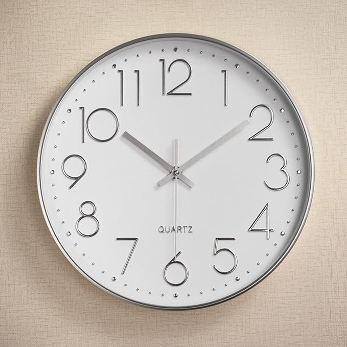 Tosnail 12 Inches Round Silent Non Ticking Quartz Wall Clock - Elegant Silver Frame