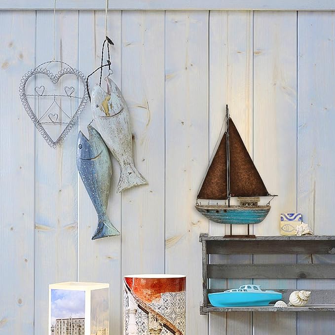 Rustic Wood Sailboat Decor Tabletop Nautical Decor, Wooden Sailboat Nautical Decoration Beach Themed Decoration Coastal Decor Sailboat Decoration for Home Mediterranean Decor (Blue)