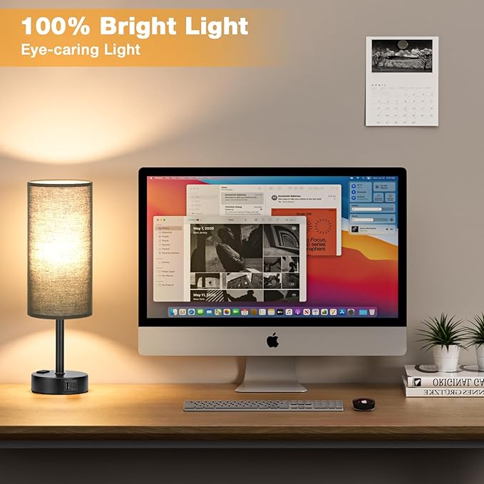 Black Touch Table Lamps Set - 3 Way Dimmable Bedroom Bedside Lamps Set of 2 with USB C and A Ports,Small Lamps for Nightstand with AC Outlet,Round Flaxen Shade for Desk,Office,Dorm,Nursery
