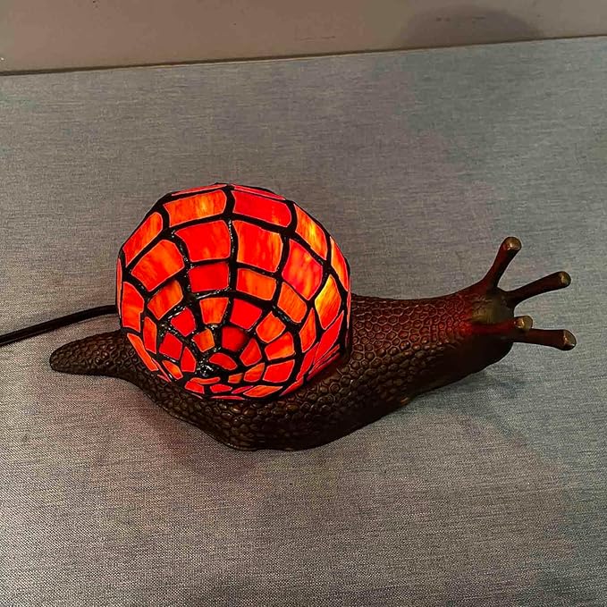 Bieye L10989 Land Snail Tiffany Style Stained Glass Accent Table Lamp for Home Decor (Red, 10" D x 5" W x 5" H)