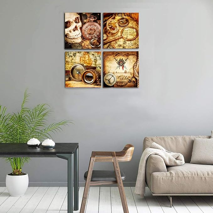 Pirate ship compass Restoring ancient ways Wall Art for living room Canvas Prints Artwork bathroom Wall Decor Watercolor painting 4 Piece Framed bedroom wall decorations Office Home Decoration