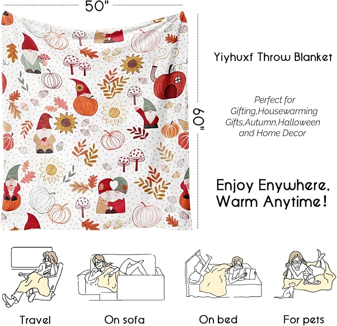 Fall Thanksgiving Throw Blankets,Autumn Gnome Pumpkin Maple Leaves Farmhouse Blanket Throw, Flannel Fleece Throw Blanket for Home Living Room Couch Bed Chair or Dorm Decor 60"x50"