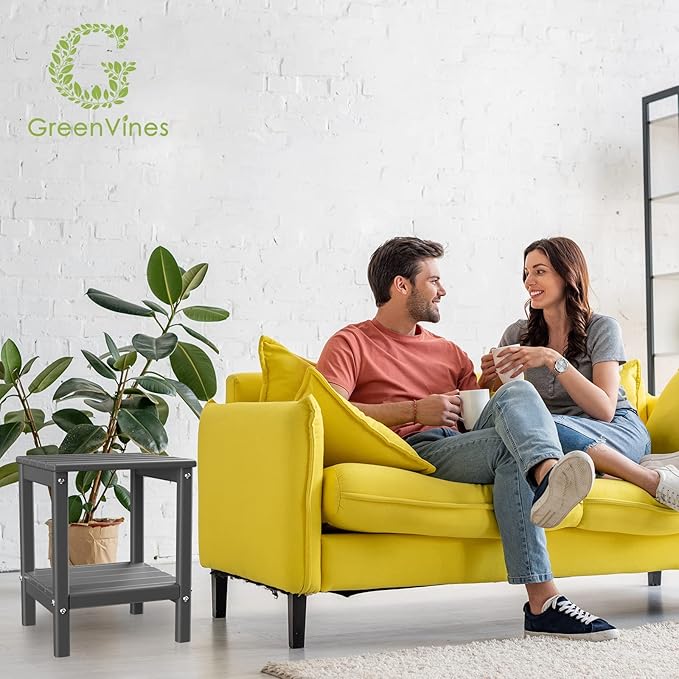 GREENVINES Adirondack-Outdoor-Side-Table | Set of 2 | 14 x 13 Inches | HDPE Plastic | All Weather | Grey | Outside End Tables | Storage Shelf | for Patio Porch Backyard Indoor