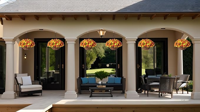 Artificial Hanging Flowers with Basket, Faux Silk Petunias Flower Arrangement, Coconut Lining with Morning Glories Fake Plants Patio Garden Porch Deck Spring Summer Decor(Orange Yellow)