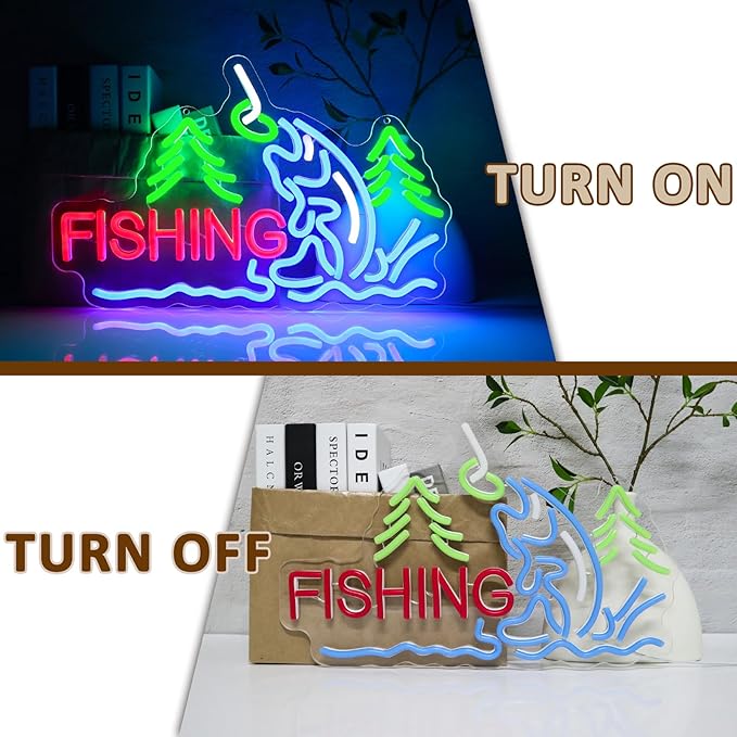 Fishing Neon Sign for Wall Decor, Fish Led Signs for Room, USB Dimmable Neon Lights for Fishing Gear Store Man Cave Bedroom Living Room Game Room Man Cave Party Business Yacht Sign