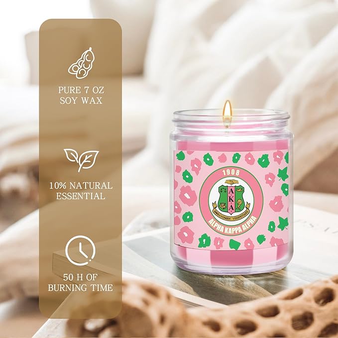 AKA Sorority Gifts,Pink and Green 7oz Scented Candle Sorority Paraphernalia Gifts for Sister Friend,Sorority Scented Home Decor Gift(aka-Leopard Print)