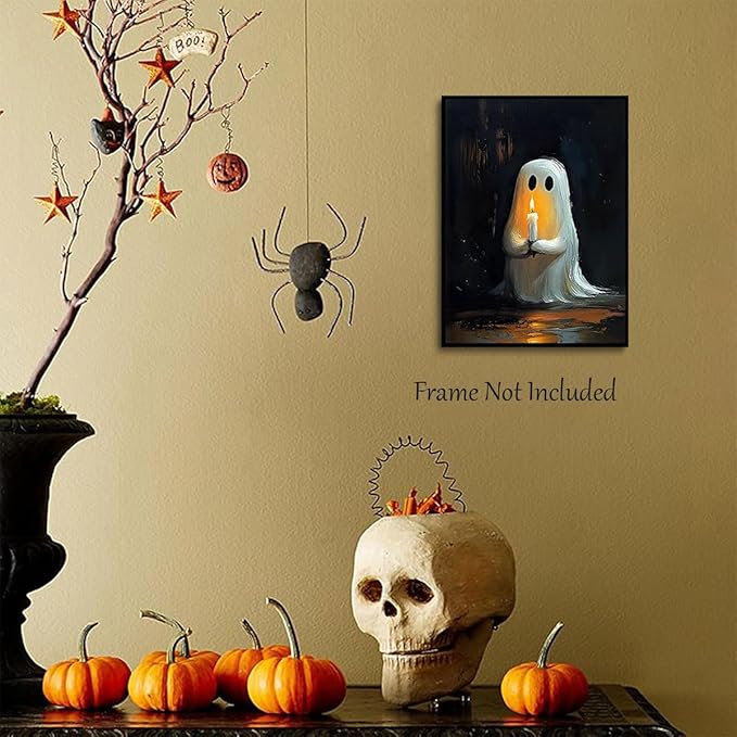 ILLBDR Cute Ghost Canvas Wall Art Halloween Decor Vintage Painting, Spooky Silhouette Ghost Holding Candle Haunted House Art, Bedroom Gothic Decor Ready to Hang, 16x24 Inch Unframed
