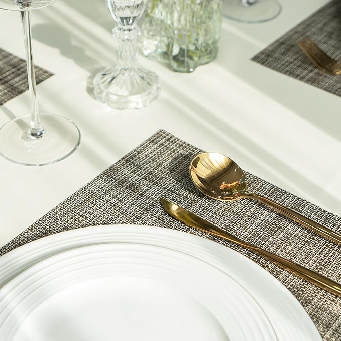 Placemats Set of 8 Vinyl/Plastic Woven Place Mats for Kitchen Table Indoor/Outdoor Washable Placemat Wipeable Dining Table Mats (Brown,8)