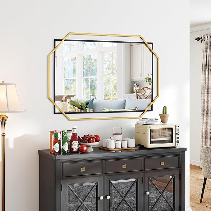 Large Living Room Wall Mirror with Decorative Metal Frame, Black and Gold Bathroom Mirror, Dining Room, Entryway (48.5"x32.5")