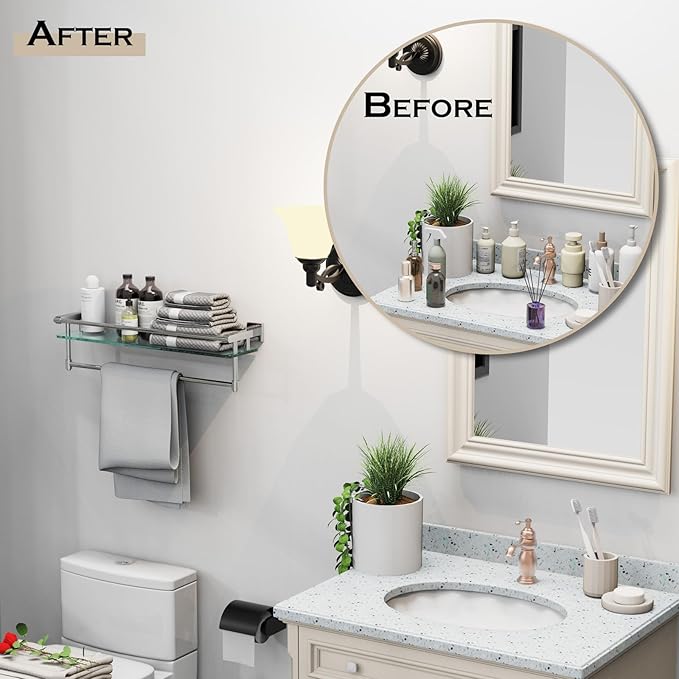 20" Glass Shelves for Wall with Towel Bar/Track SUS 304 Stainless Steel Shelf Tempered Glass Shelf, for Toilet, Room Decor(Chrome Polished, 24-inch)