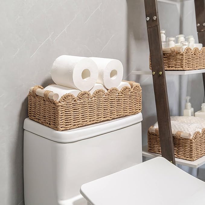 CubesLand Paper Rope Scalloped Edge Toilet Paper Storage Basket, Small Living Room, Bedroom Decor Baskets for Over Toilet Storage Shelf, End Table, Shelves and More, with 2 Wooden Handle, Neutral