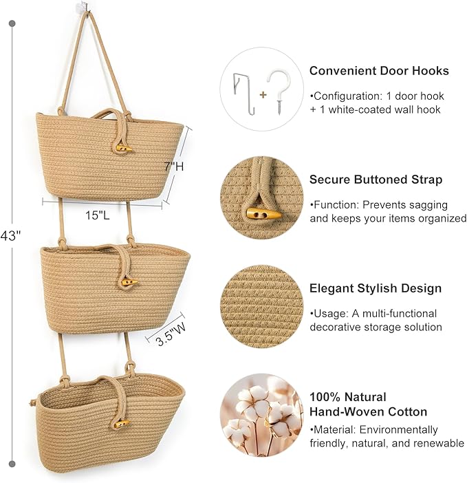 DULLEMELO Hanging Baskets for Organizing, Jute 3-Tier Woven Hanging Wall Baskets for Storage, Decorative Hanging Storage Basket with Button Strap,Over The Door Basket with Door Hooks
