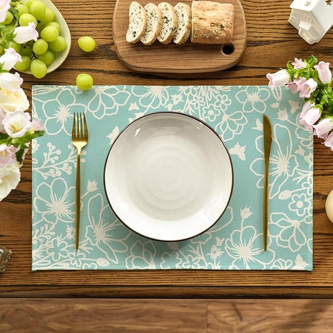 Artoid Mode Blue Bloom Flowers Summer Placemats Set of 4, 12x18 Inch Seasonal Spring Table Mats for Party Kitchen Dining Decoration