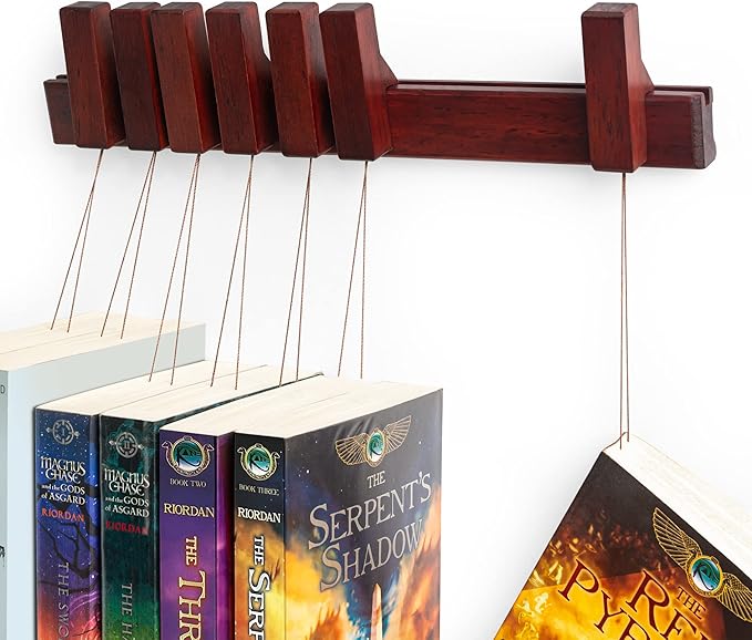 Floating Wall Bookshelf - Wall Mounted Book Organizer with Included Bookmarks - Hardwood Hanging Bookshelf for Bedroom, Living Room, or Kitchen - A Thoughtful Gift for Book Lovers (Dark)