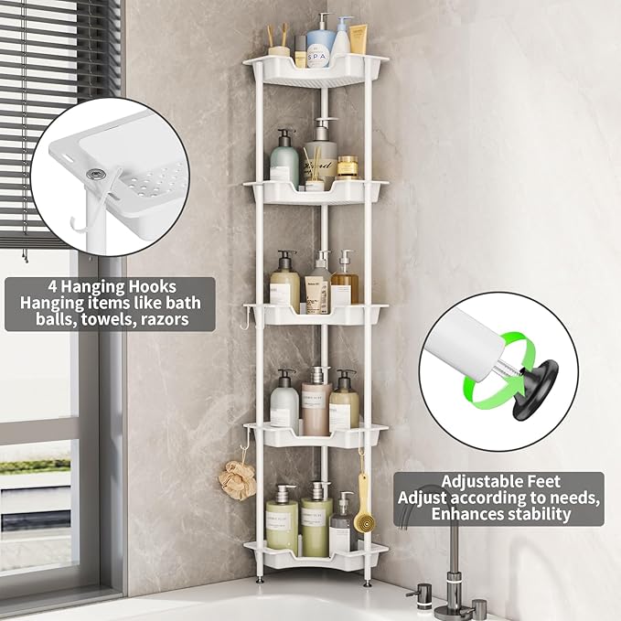 SWTYMIKI Corner Shower Caddy Standing - 5 Tier Floor Standing Shower Organizer with 4 Hooks, Plastic & Stainless Steel Waterproof Corner Stand Shower Shelf Storage Rack for Bathroom, Bathtub, White