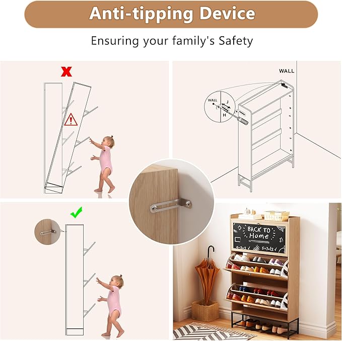 AVZEAR Shoes Cabinet, Narrow Shoes Storage Cabinet with 3 Flip Drawers, Free Standing Shoe Racks Organizer Farmhouse Tipping Bucket with Blackboard, Shoes Cabinet Storage Entryway Hallway, Natural