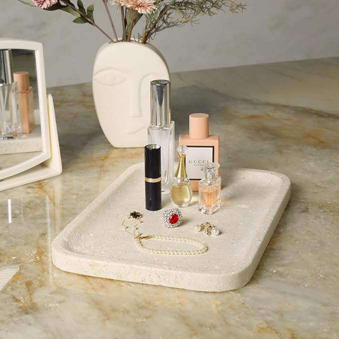 Koville Marble Vanity Tray, 12"x8" Marble Organizer Tray for Countertop Bathroom Kitchen Dresser, Rectangular Decorative Jewelry Dish for Cosmetics Perfume Trinket(Brown)