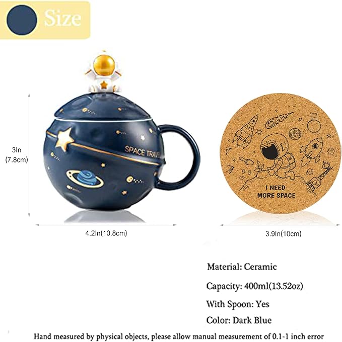 Kawaii Astronaut Cup Space Embossed Planet Mug, Cute Ceramic Coffee Mug, Novelty Mug with Lid and Spoon for Coffee, Tea, Milk, Aesthetic Room Decor Funny Gift for Girl Boy Women (Dark blue)