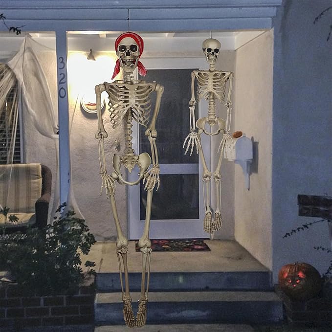 yosager 2 Pcs Halloween Skeleton Decorations, 5.4ft & 3ft Pose-N-Stay Life Size Skeleton with Glowing Eye, Human Bones Full Body Realistic with Posable Joints, Pose Skeleton Prop, Haunted House Decor