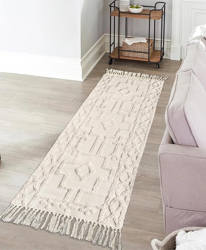 Uphome Boho Hallway Runner Rug 2'x 6', Beige Cotton Washable Kitchen Rug Runners with Tassels, Hand Woven Western Entryway Runner Rugs, Morrocan Accent Throw Carpet for Hallways Bedroom Bathroom