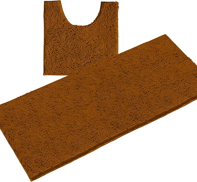 LuxUrux 2-Piece Bathroom Rug Set – Plush Chenille Runner & U-Shaped Toilet Mat, Soft, Absorbent & Non-Slip Design (20x20 U & 27x47 inches, Pumpkin)