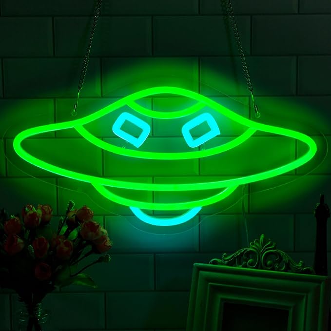 UFO Neon Sign for Wall Decor Studio Room Led Lights, Alien UFO Decor Neon Signs Aesthetic Operated Light for Door Decorations, Bedroom Accessories Neon Sign