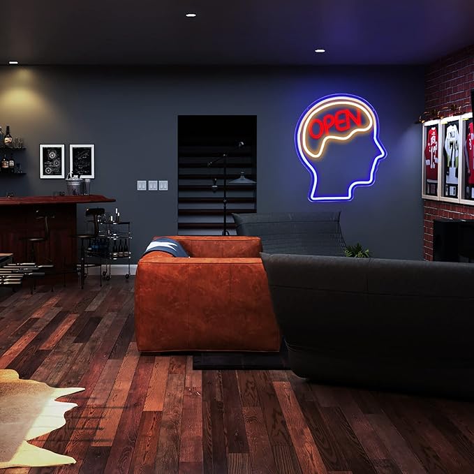 JFLLamp Open Mind Brain Neon Signs for Wall Decor Neon Lights for Bedroom Suitable for Man Cave Bar Pub Office School Christmas Birthday Party 5V Power Adapter, 14.1 * 12.2 Inch(Blue+Warm White+Red)