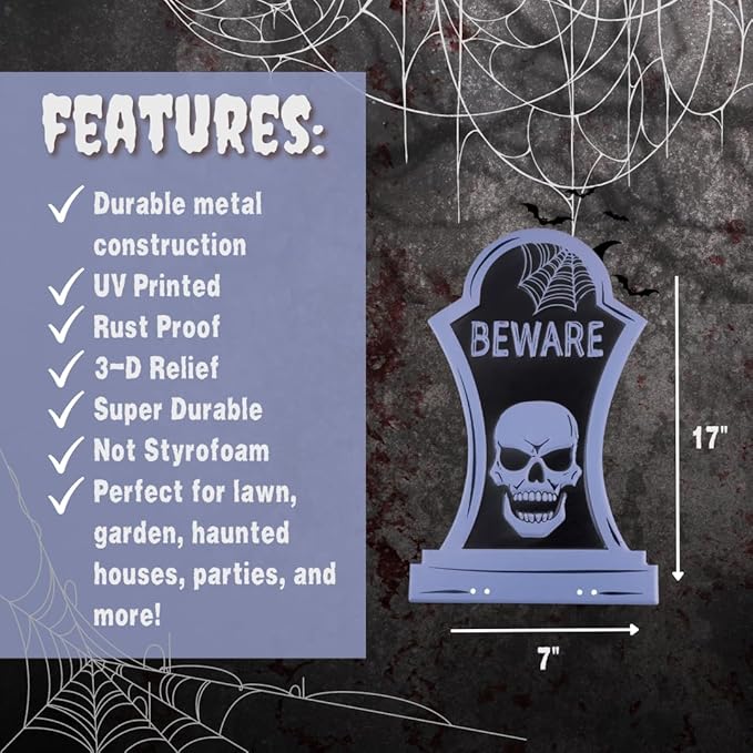 3-D Metal Halloween Ghost Cemetery XL 17" Tombstone w Stakes -BEWARE- Durable, Rustproof, UV Raised Printing- Upgrade Your Haunted House Mansion w Cemetary Lawn Decor- No More Flimsy Foam Graveyards