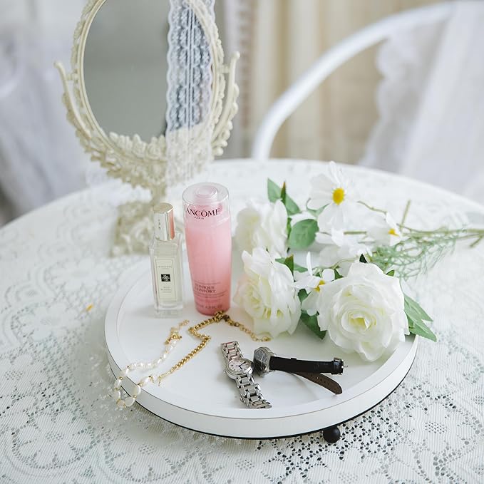 GENMOUS 12in Decorative Tray - White Wood Iron Bead Round Tray for Coffee Table, Rustic Farmhouse Centerpiece for Living Room, Kitchen Table Dining Decor