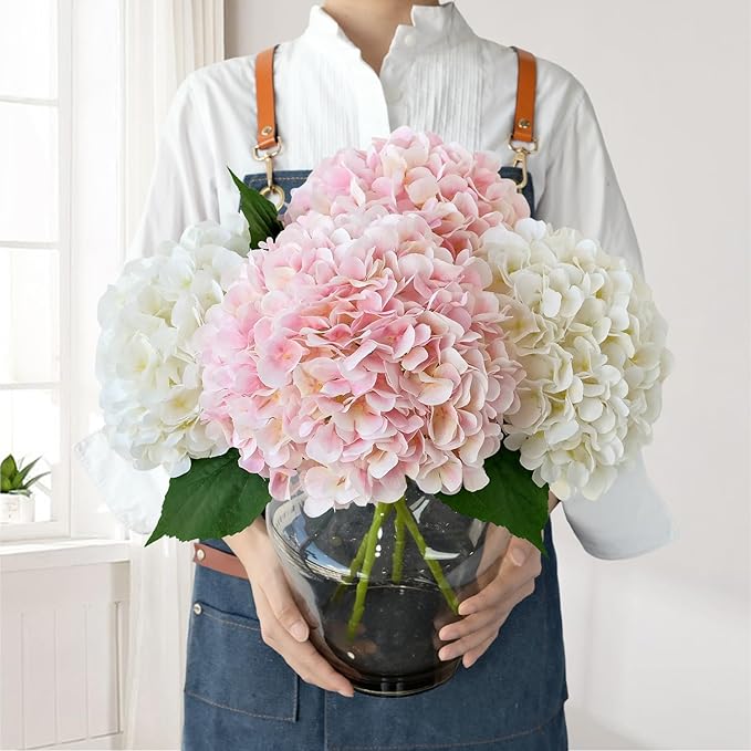 Silk Flowers Hydrangea Artificial Flowers, 4Pcs 22Inch Large Lifelike Faux Flowers, Full Fake Artificial Hydrangeas with Stems for Bouquet Table Centerpieces Home Decoration (White/Pink)