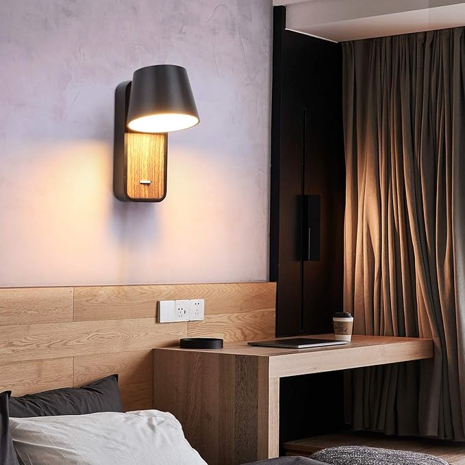 Modern Wall Lamp with Plug in Cord for Bedrooms Hallway Living Room, Indoor Contemporary Mounted Lighting Fixture,Nordic Bedside Rotatable Reading Lights, Up Down Black Wooden Sconces with Switch