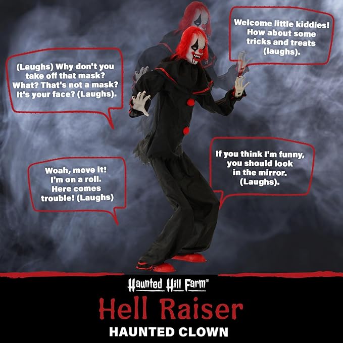 Haunted Hill Farm Life-Size Talking Clown Halloween Animatronic with Touch Activated Lights and Sound, Indoor or Covered Outdoor Scary Halloween Decorations, Battery Operated Fright Props