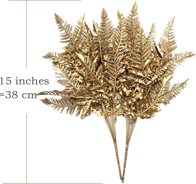 CATTREE Christmas Artificial Plants Decoration, Plastic Golden Boston Shrubs Plant Simulation Fern Leaves Fake Grass for Wedding Party Indoor DIY Home Office Table Centerpieces Decor - Gold 3 Pack