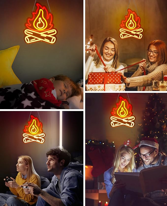 Happy Camper Campfire Neon Signs for Wall Decor - Camper Decor with 9-Level Brightness Adjustment, USB Powered Flame Neon Lights for Camping, RV, Trailer and Indoor Fire Decoration