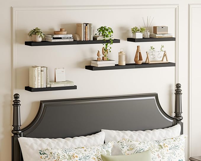 Fixwal 15.8in Black Floating Shelves, Set of 6 Wood Shelves, Farmhouse Shelf Wall Decor for Bathroom, Bedroom, Living and Kitchen Room
