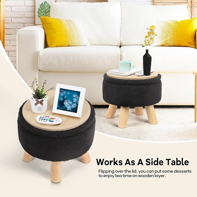 Ottoman Foot Rest, Small Round Ottoman with Storage, Boucle Teddy Velvet Footstool with Wood Legs, Soft Sponge Storage Ottoman for Living Room, Bedroom, Couch, Enterway (Black)