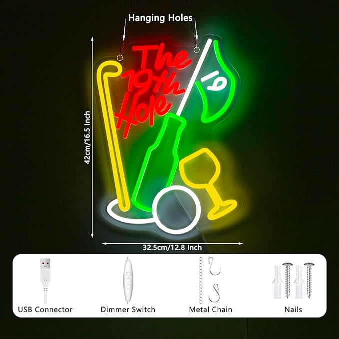 The 19th Hole Neon Sign, Golf Neon Signs For Wall Decor, Sports Led Light Up Signs for Bar Golf Club Home Party Decorations Gifts