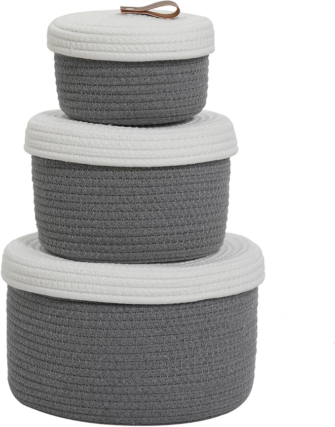 Cottonphant Set of 3 Stylish Round Woven Baskets with Lids - Elegant Storage Solution for Home Decor and Organization - Compact Shelf Baskets (Grey/White Lid, 10"x6"-8"x5"-6"x4")