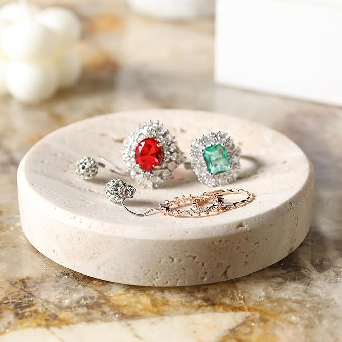 Koville Small Travertine Jewelry Dish, 4" Round Trinket Dish for Ring Necklace Earring, Beige Travertine Soap Dish for Bathroom Kitchen, Natural Stone Small Decorative Dish