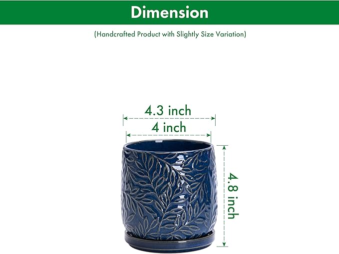 D'vine Dev 4 Inch Embossed Leaves Stoneware Planter Pot with Drainage Hole and Saucer, Midnight Blue, 27-A-Z-3